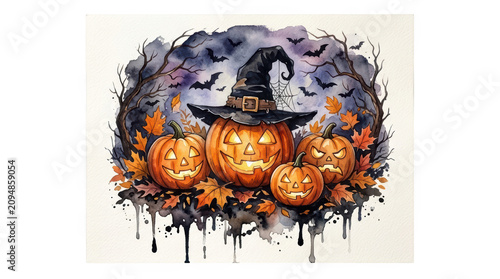 Watercolor halloween illustration with jackolanterns and witch hat isolated on transparent background