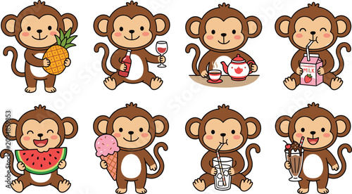 Photography Cute Cartoon Monkey Character Sticker Set Eating Fruit, Drinking Juice, Milk, Te