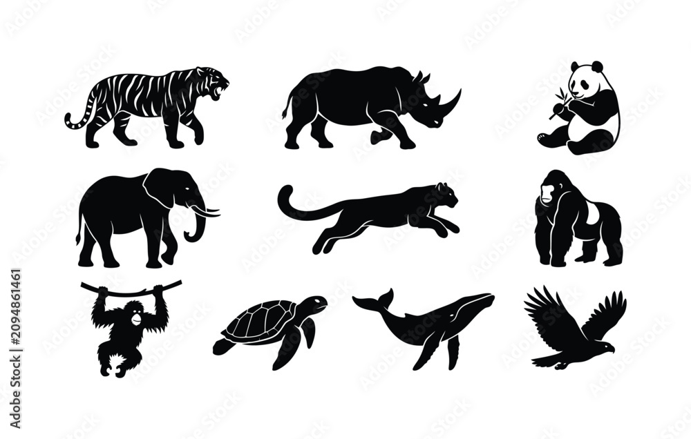 Obraz premium Black silhouettes of various animals on white background
