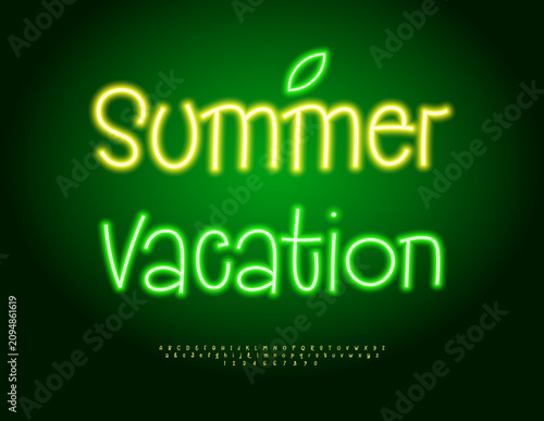Vector Neon banner Summer Vacation. Sunny Yellow Glowing Font. Awesome Illuminated Alphabet Letters and Numbers set.