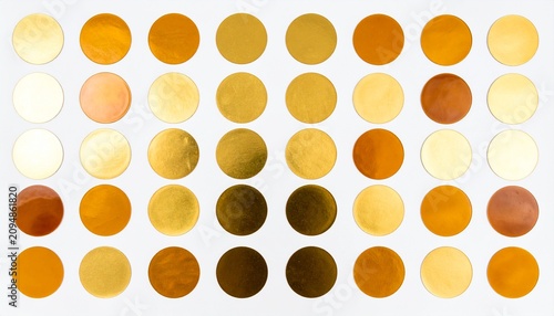 Rows of golden round dots arranged on white background 白い背景にたくさん並んだバリエーション豊かな丸い金色のドットシールのセット