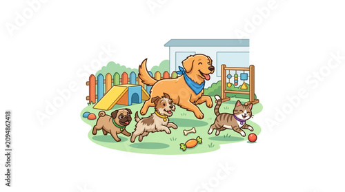 Dogs and cat play outside house with fence toys