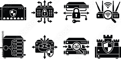 Foto Network security and data protection glyph icons set representing server defense