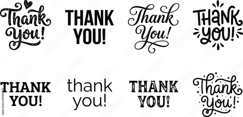Fototapeta premium Collection of various thank you text typography designs in black with sans serif