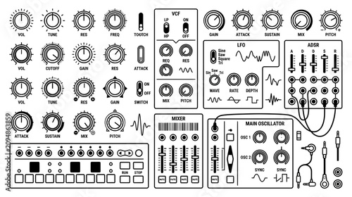 Schilderij op canvas Modular Synthesizer Components: Knobs, Faders, Oscillators, and Patch Cables