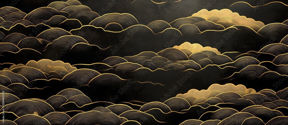 Fototapeta premium Abstract Oriental Style Golden Cloud Pattern on Dark Background for Luxury Wallpaper and Artistic Backgrounds