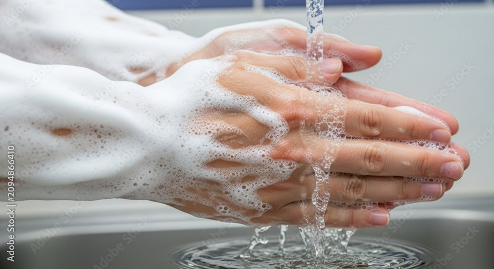 Fototapeta premium Person washing hands with soap and water in sink, hygiene concept