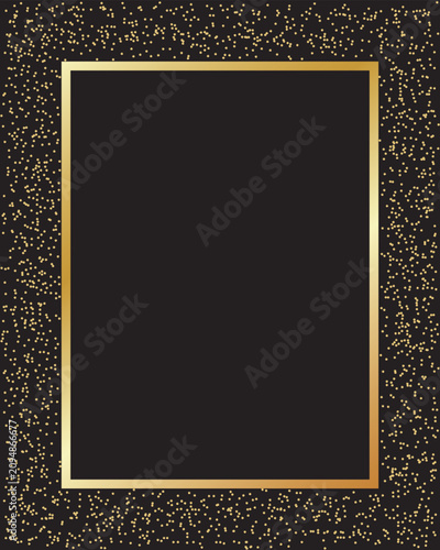 Golden vertical rectangular vector frame with round glitter. Photo frame design element.