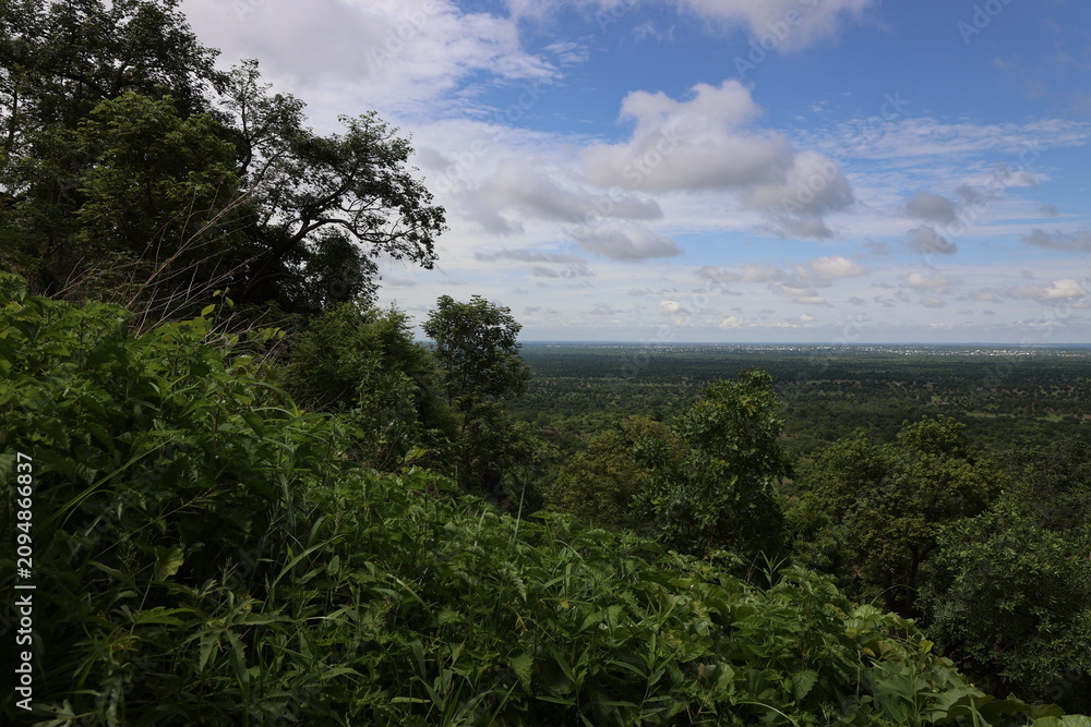 Fototapeta premium On the Nahouri peak, the highest in Burkina Faso at over 400 meters, a tree towers above the horizon, under a sky full of green clouds—a beautiful environment to see and to live in.