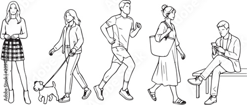 Set of diverse people in casual daily activities line art illustration for lifestyle design projects