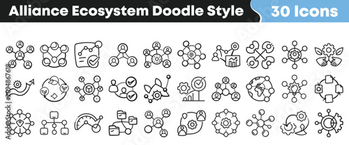 Fotografía Collection of hand drawn alliance ecosystem icons in doodle style