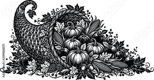 Φωτογραφία Cornucopia with pumpkins, corn, and autumn leaves illustration