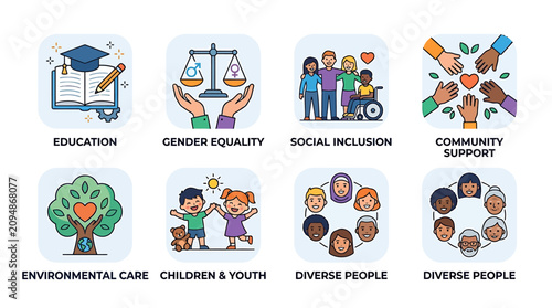 A diverse group of children and people supporting education, environmental care, and social inclusion in a community.