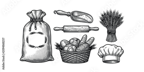 Cuadro en lienzo Set of bakery products including flour sack, wheat ears, rolling pin, bread bask