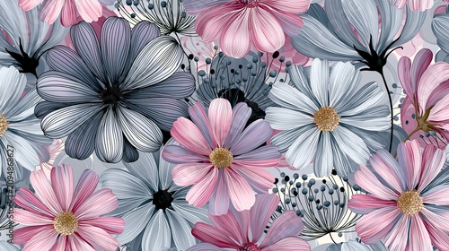 Flower drawings repeat in a smooth, abstract design.