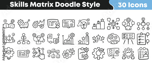 Hand drawn collection of business skills matrix icons in doodle style
