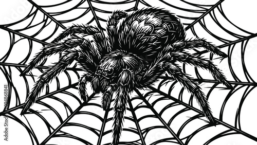 Black spider in detailed web illustration