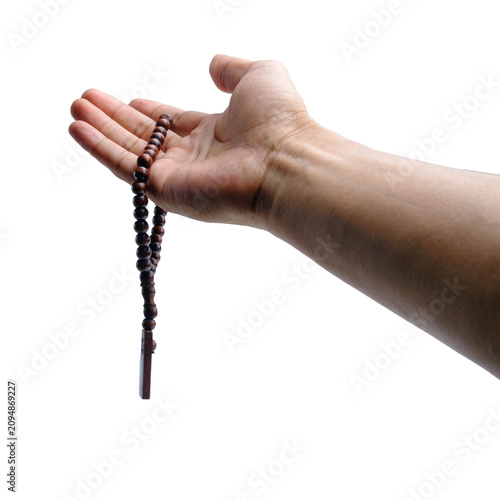 Canvastavla Open Hand Holding Wooden Prayer Beads Tasbih Isolated on White