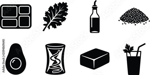 Foto Healthy diet and vegan meal prep black glyph icon set for nutrition and plant ba