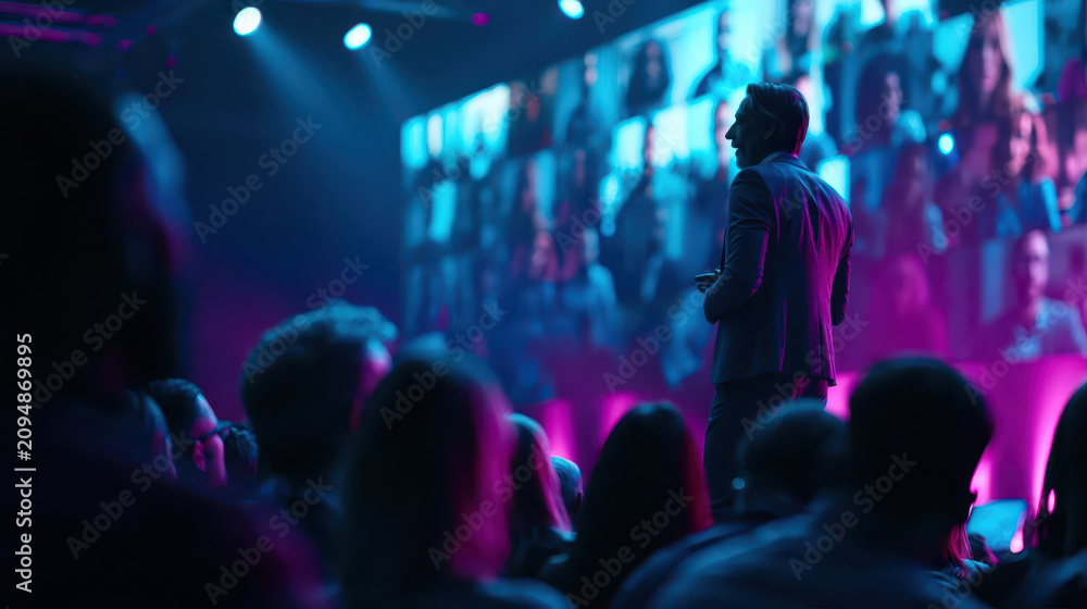 Naklejka premium Engaging Hybrid Event: Business Speaker Interacting with Live Audience and Virtual Participants in Vibrant Stage Setting