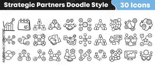 Set of thirty strategic partner business icons in doodle style