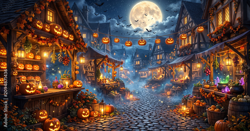 Fototapeta premium A spooky Halloween village at night, illuminated by glowing jack-o'-lanterns and festive decorations, under a full moon and a starry sky.