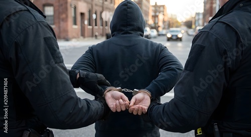 Police Officers Arresting Hooded Suspect In Handcuffs On City Street