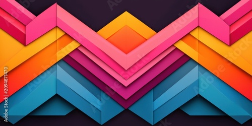 A vibrant abstract design featuring layered geometric shapes in bright pink, orange, yellow, and blue hues with sharp angles and 3D effects.