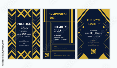 Modern Geometric Art Deco Invitation Card Set with Chevron Patterns in Navy Blue and Gold