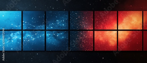 A cosmic-themed digital artwork showing a transition from blue to red nebulae across a segmented window-like grid.