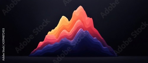 Abstract layered mountain silhouette with vibrant gradient colors on a dark background, resembling a digital or artistic landscape.