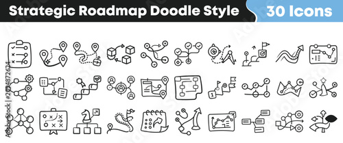 Collection of thirty hand drawn strategic roadmap icons for business