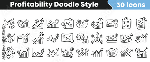 Photos Set of thirty hand drawn profitability icons in doodle style