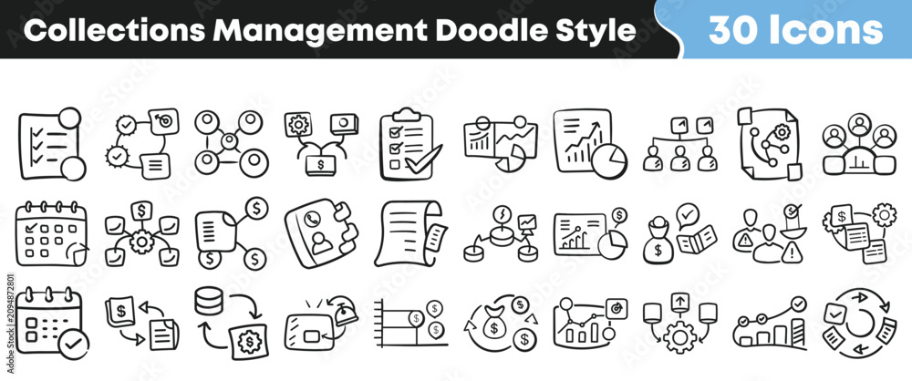Naklejka premium Hand drawn collection management doodle icons set for business planning