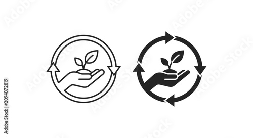 Eco growth icon featuring hand holding plant sprout within circular arrows for sustainability.
