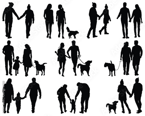 Big set of black silhouettes of couples on a walk