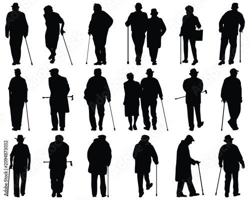 Big set of black silhouettes of families on a walk