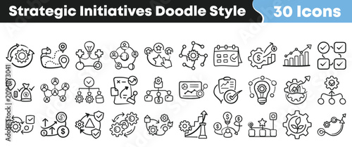 Collection of strategic business initiative icons drawn in doodle style