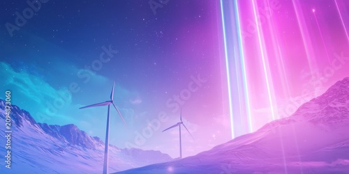 A futuristic landscape with wind turbines under a starry purple sky, featuring glowing light beams over snowy mountains.