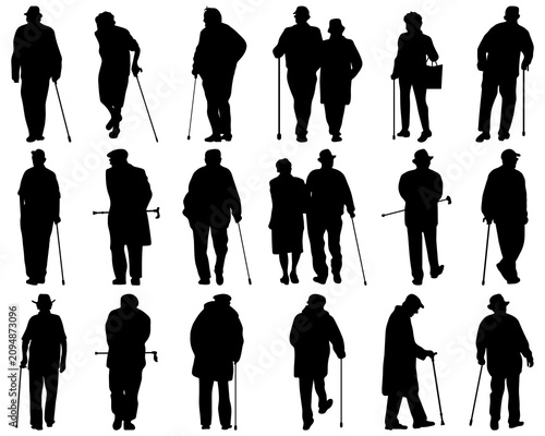 Elderly People with Walking Sticks, Black Silhouettes Collection