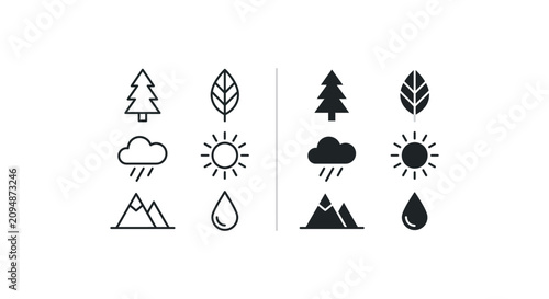 Nature and weather weather conditions icon set featuring trees leaf sun cloud rain water.