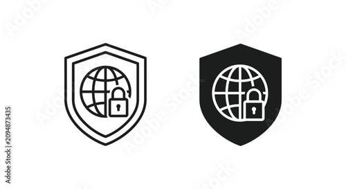 Global security icon with shield world map and padlock line art and silhouette.