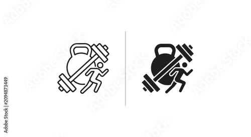 Outline and solid black icon of runner near kettlebell and barbell on white background.