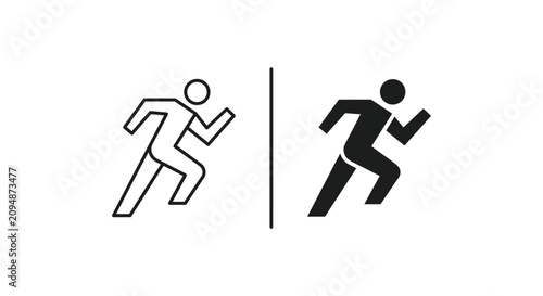 Simple line drawing and solid black icon of running man symbol on white background.