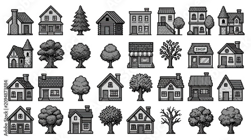 Black and white houses and trees.
