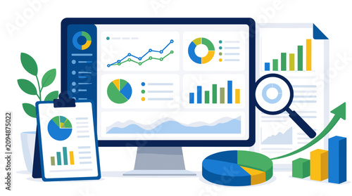 Data Analytics Dashboard With Charts And Graphs On Screen.