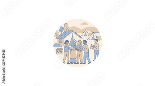 Community support in refugee camp with tents and houses, people helping each other