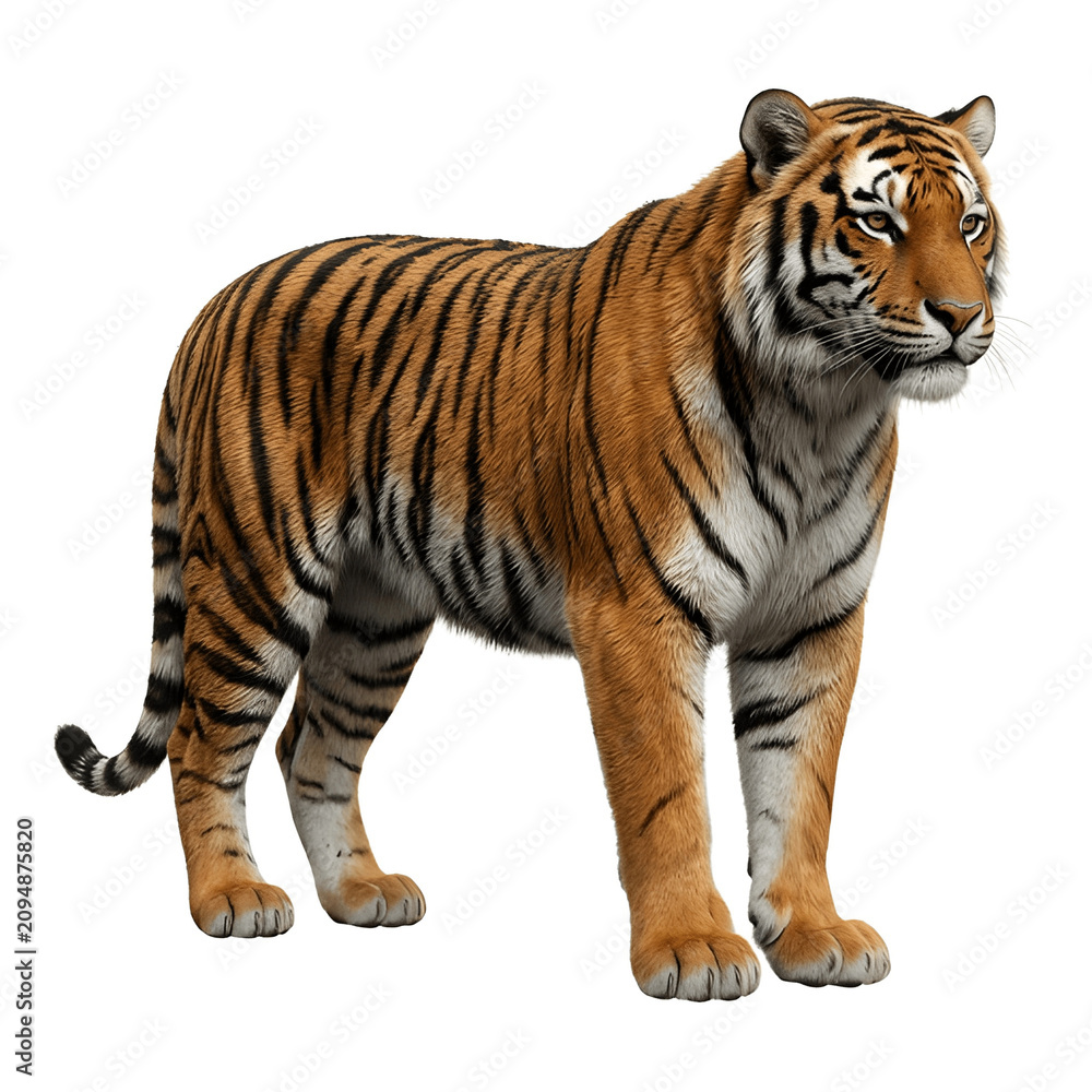 Obraz premium Isolated realistic illustration of a standing Siberian tiger, distinct orange and black stripes, wild cat, white background.