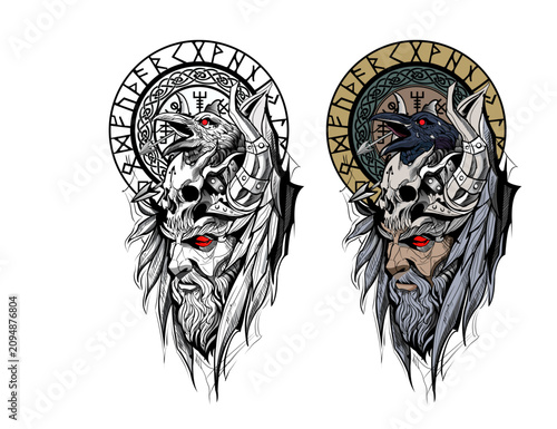 фотографія Odin with raven, wolf skull and Nordic runes, Viking mythology tattoo style vect