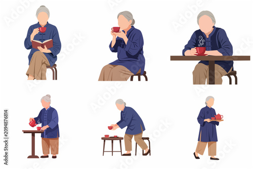 Set of elderly Asian woman character illustrations enjoying tea culture, pouring and drinking tea, and reading in traditional Chinese clothing
